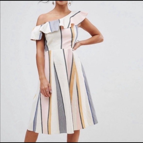 ASOS One Shoulder Ruffle Striped Dress - Picture 2 of 16
